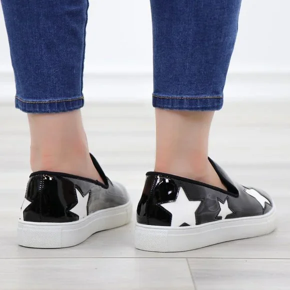 Black With White Stars Patent Sneakers Shoes - Picture 7 of 11